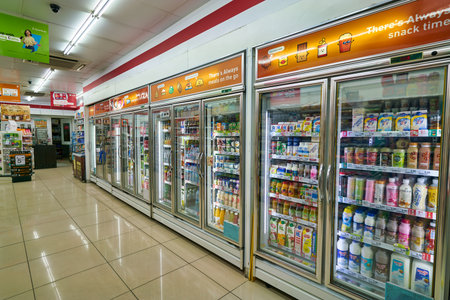SINGAPORE - CIRCA APRIL, 2019: interior shot of 7-Eleven convenience store in Singapore. A...