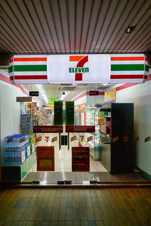 SINGAPORE - CIRCA APRIL, 2019: entrance to 7-Eleven convenience store in Singapore. A convenience store is a small store that stocks a range of everyday items.のeditorial素材
