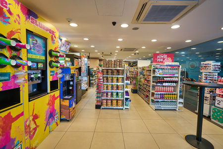 SINGAPORE - CIRCA APRIL, 2019: interior shot of 7-Eleven convenience store in Singapore. A convenience store is a small store that stocks a range of everyday items.のeditorial素材