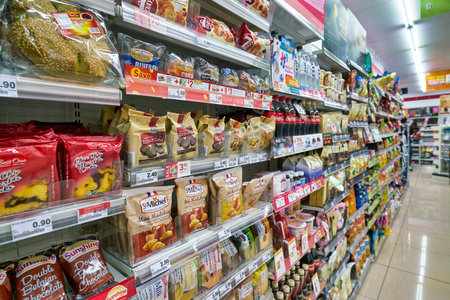SINGAPORE - CIRCA APRIL, 2019: interior shot of 7-Eleven convenience store in Singapore. A convenience store is a small store that stocks a range of everyday items.のeditorial素材
