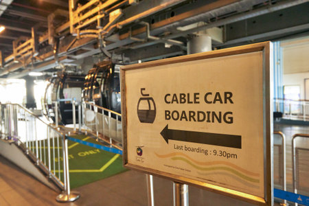 SINGAPORE - CIRCA APRIL, 2019: close up shot of cable car boarding sign in Singaporeのeditorial素材