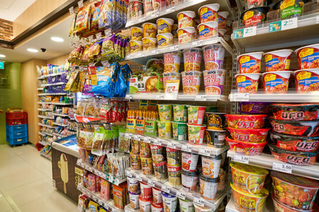 SINGAPORE - CIRCA APRIL, 2019: interior shot of 7-Eleven convenience store in Singapore. A convenience store is a small store that stocks a range of everyday items.のeditorial素材