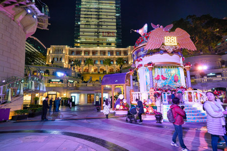 HONG KONG, CHINA - CIRCA JANUARY, 2019: partial view of the courtyard of the Former Marine Police Headquarters Compound at night.のeditorial素材