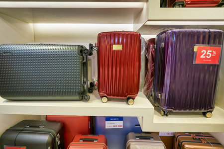HONG KONG, CHINA - JANUARY 23, 2019: luggage on display at Samsonite store at New Town Plaza shopping mall in Sha Tin.のeditorial素材