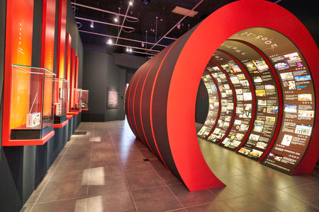 HONG KONG, CHINA - CIRCA JANUARY, 2019: interior shot of "90 Years of Public Service Broadcasting in Hong Kong" space at Hong Kong Heritage Museum.のeditorial素材