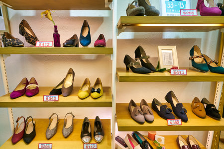 HONG KONG, CHINA - CIRCA JANUARY, 2019: footwears on display at a store in Hong Kong.のeditorial素材