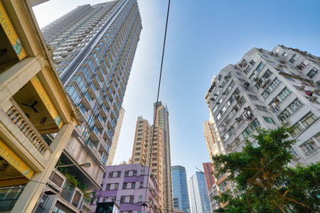 HONG KONG, CHINA - CIRCA JANUARY, 2019: low angle view of buildings in Hong Kong.