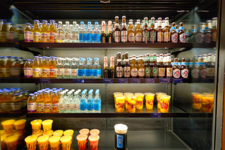 HONG KONG, CHINA - CIRCA JANUARY, 2019: drinks on display at Simplylife Foodplace in Hong Kong.のeditorial素材