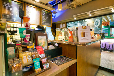 HONG KONG, CHINA - CIRCA JANUARY, 2019: sales area at Starbucks Coffee in Hong Kong.のeditorial素材