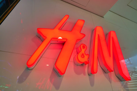 HONG KONG, CHINA - CIRCA JANUARY, 2019: close up shot of H&M sign at a store in Hong Kong.