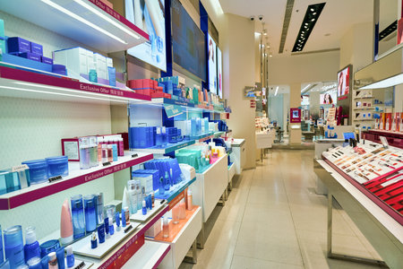 HONG KONG, CHINA - CIRCA JANUARY, 2019: interior shot of a Laneige store in Hong Kong. Laneige is a South Korean cosmetics brand launched by Amore Pacific.のeditorial素材