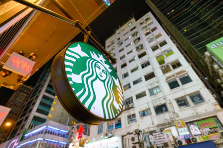 HONG KONG, CHINA - CIRCA JANUARY, 2019: close up shot of Starbucks Coffee sign seen at coffee shop in Hong Kong.のeditorial素材