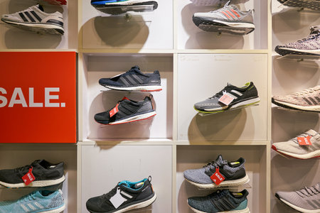 HONG KONG, CHINA - CIRCA JANUARY, 2019: footwear on display at Adidas store in Hong Kong.