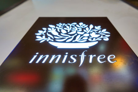 HONG KONG, CHINA - CIRCA JANUARY, 2019: close up shot of Innisfree sign seen in Hong Kong. Innisfree is a South Korean cosmetics brand owned by Amore Pacific.のeditorial素材
