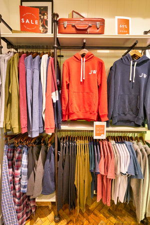 HONG KONG, CHINA - JANUARY 23, 2019: clothes on display at Jack Wills store in New Town Plaza. New Town Plaza is a shopping mall in the town centre of Sha Tin, Hong Kong.のeditorial素材