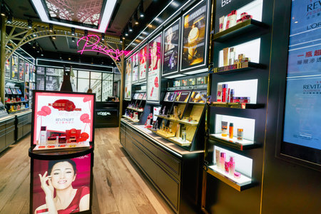 HONG KONG, CHINA - CIRCA JANUARY, 2019: interior shot of a L'Oreal store in Hong Kong. L'Oreal S.A. is a French personal care company.のeditorial素材