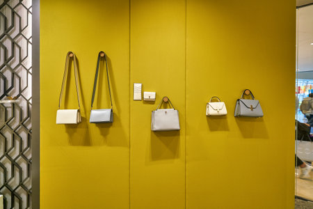 HONG KONG, CHINA - JANUARY 22, 2019: bags on display at Valextra store at ifc mall in Hong Kong. Valextra is a brand of luxury leather goods and accessories based in Milan, Italy.のeditorial素材