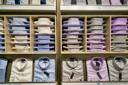 HONG KONG, CHINA - JANUARY 23, 2019: clothes on display at G2000 store in New Town Plaza. New Town Plaza is a shopping mall in the town centre of Sha Tin, Hong Kong.のeditorial素材