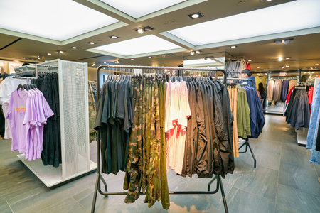 HONG KONG, CHINA - CIRCA JANUARY, 2019: interior shot of H&M store in Hong Kong. Hennes & Mauritz AB...