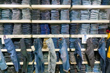 HONG KONG, CHINA - JANUARY 23, 2019: jeans on display at G-Star RAW store in New Town Plaza. New Town Plaza is a shopping mall in the town centre of Sha Tin, Hong Kong.のeditorial素材