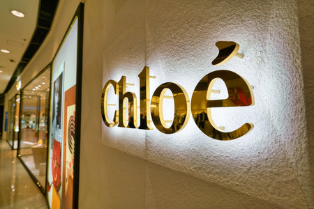 HONG KONG, CHINA - CIRCA JANUARY, 2019: close up shot of Chloe sign seen at a store in ifc mall in Hong Kong. Chloe is a French luxury fashion house.のeditorial素材