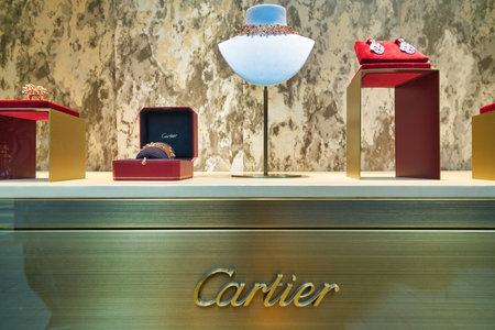 HONG KONG, CHINA - CIRCA JANUARY, 2019: close up shot of display window at a Cartier store in Hong Kong.のeditorial素材