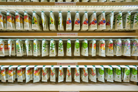 HONG KONG, CHINA - CIRCA JANUARY, 2019: cosmetics on display at a Nature Republic store in Hong Kong. Nature Republic is a South Korean cosmetics brand.のeditorial素材