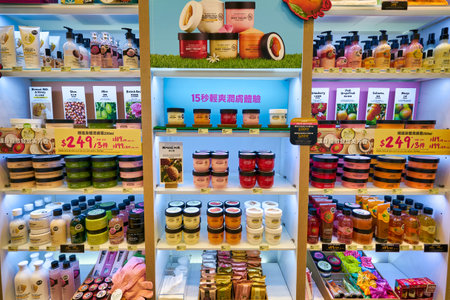 HONG KONG, CHINA - CIRCA JANUARY, 2019: personal care products on display at The Body Shop store in Hong Kong. The Body Shop is a cosmetics, skin care and perfume company.のeditorial素材