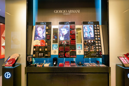 HONG KONG, CHINA - CIRCA JANUARY, 2019: Giorgio Armani make up products on display at a store in Hong Kong.のeditorial素材