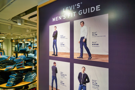 HONG KONG, CHINA - CIRCA JANUARY, 2019: close up shot of Levi's men's fit guide seen at a store in Hong Kong.のeditorial素材