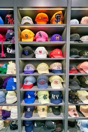 HONG KONG, CHINA - CIRCA JANUARY, 2019: baseball caps on display at a store in Hong Kong.のeditorial素材