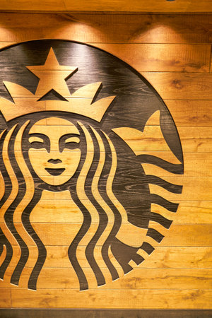 HONG KONG, CHINA - CIRCA JANUARY, 2019: close up shot of Starbucks Coffee sign seen in Hong Kong.のeditorial素材