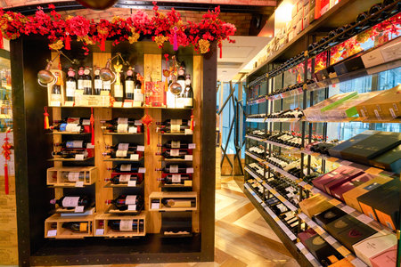 HONG KONG, CHINA - JANUARY 22, 2019: interior shot of a Watson's Wine store at IFC mall in Hong...