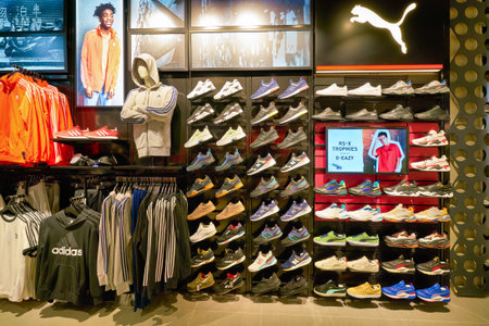 HONG KONG, CHINA - CIRCA JANUARY, 2019: interior shot of a Foot Locker store in Hong Kong. Foot Locker Retail, Inc. is an American sportswear and footwear retailer.のeditorial素材