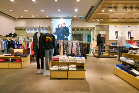 HONG KONG, CHINA - JANUARY 23, 2019: clothes on display at Calvin Klein Jeans store in New Town...