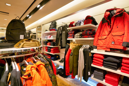 HONG KONG, CHINA - CIRCA JANUARY, 2019: clothes on display at Chocoolate store in New Town Plaza. New Town Plaza is a shopping mall in the town centre of Sha Tin, Hong Kong.のeditorial素材