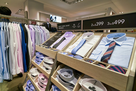 HONG KONG, CHINA - JANUARY 23, 2019: clothes on display at G2000 store in New Town Plaza. New Town...