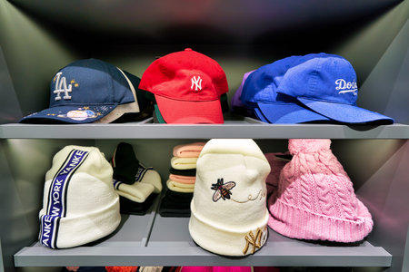 HONG KONG, CHINA - CIRCA JANUARY, 2019: various caps on display at a store in Hong Kong.のeditorial素材