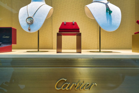 HONG KONG, CHINA - CIRCA JANUARY, 2019: close up shot of display window at a Cartier store in Hong Kong.のeditorial素材
