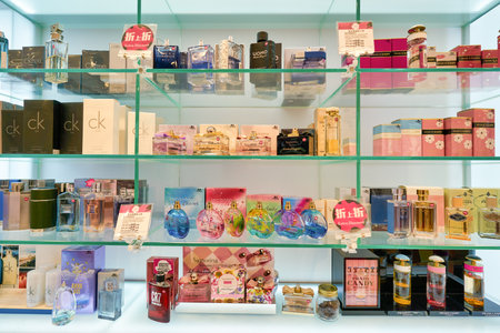 HONG KONG, CHINA - CIRCA JANUARY, 2019: perfumes on display at a Sa Sa store. Sa Sa is a Hong Kong-based chain store company selling cosmetics, personal care, skin care and baby care products.のeditorial素材