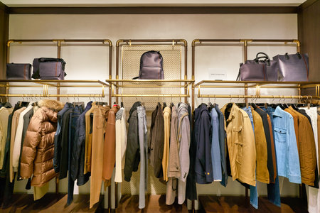 HONG KONG, CHINA - CIRCA JANUARY, 2019: interior shot of Dunhill store in Hong Kong. Alfred Dunhill Limited is a British luxury goods brand, specialising in menswear, leather goods, and accessories.のeditorial素材