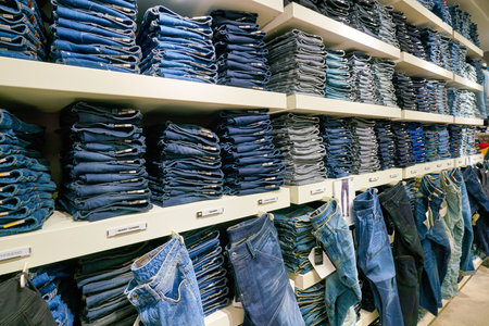 HONG KONG, CHINA - JANUARY 23, 2019: jeans on display at G-Star RAW store in New Town Plaza. New Town Plaza is a shopping mall in the town centre of Sha Tin, Hong Kong.のeditorial素材