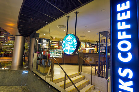 HONG KONG, CHINA - CIRCA JANUARY, 2019: Starbucks Coffee sign seen at coffee shop in Hong Kong.