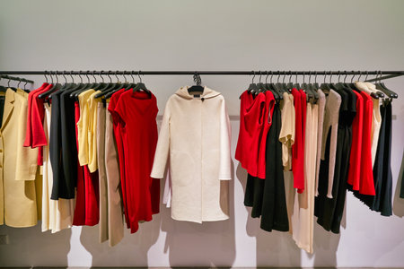 HONG KONG, CHINA - JANUARY 23, 2019: clothes on display at Theory store in New Town Plaza. New Town Plaza is a shopping mall in the town centre of Sha Tin, Hong Kong.のeditorial素材