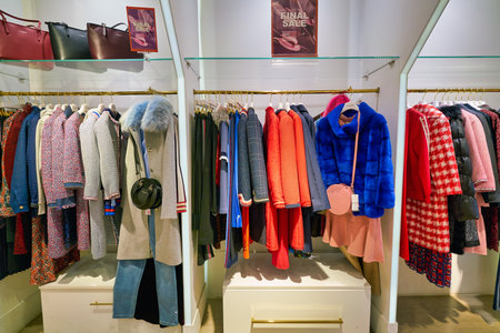 HONG KONG, CHINA - JANUARY 23, 2019: clothes on display at Mademoiselle store in New Town Plaza. New Town Plaza is a shopping mall in the town centre of Sha Tin, Hong Kong.のeditorial素材