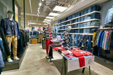 HONG KONG, CHINA - JANUARY 23, 2019: clothes on display at G-Star RAW store in New Town Plaza. New...