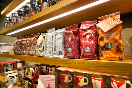 HONG KONG, CHINA - CIRCA JANUARY, 2019: packaged coffees on display at Starbucks Coffee in Hong Kong.のeditorial素材