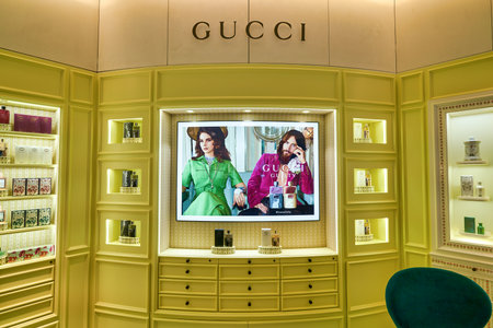 HONG KONG, CHINA - JANUARY 22, 2019: Gucci perfumes on display at Lane Crawford. Lane Crawford is a retail company with speciality stores selling luxury goods in Hong Kong and Mainland China.のeditorial素材