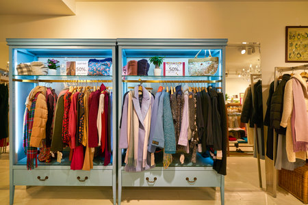 HONG KONG, CHINA - JANUARY 23, 2019: clothes on display at Belle Boudoir store in New Town Plaza. New Town Plaza is a shopping mall in the town centre of Sha Tin, Hong Kong.のeditorial素材