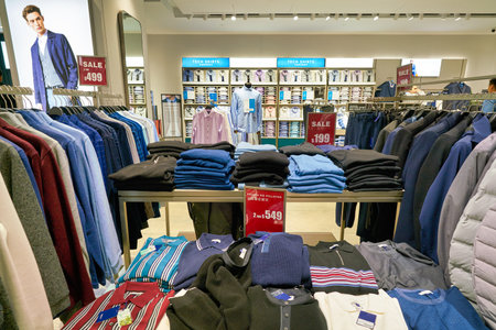 HONG KONG, CHINA - JANUARY 23, 2019: clothes on display at G2000 store in New Town Plaza. New Town Plaza is a shopping mall in the town centre of Sha Tin, Hong Kong.のeditorial素材